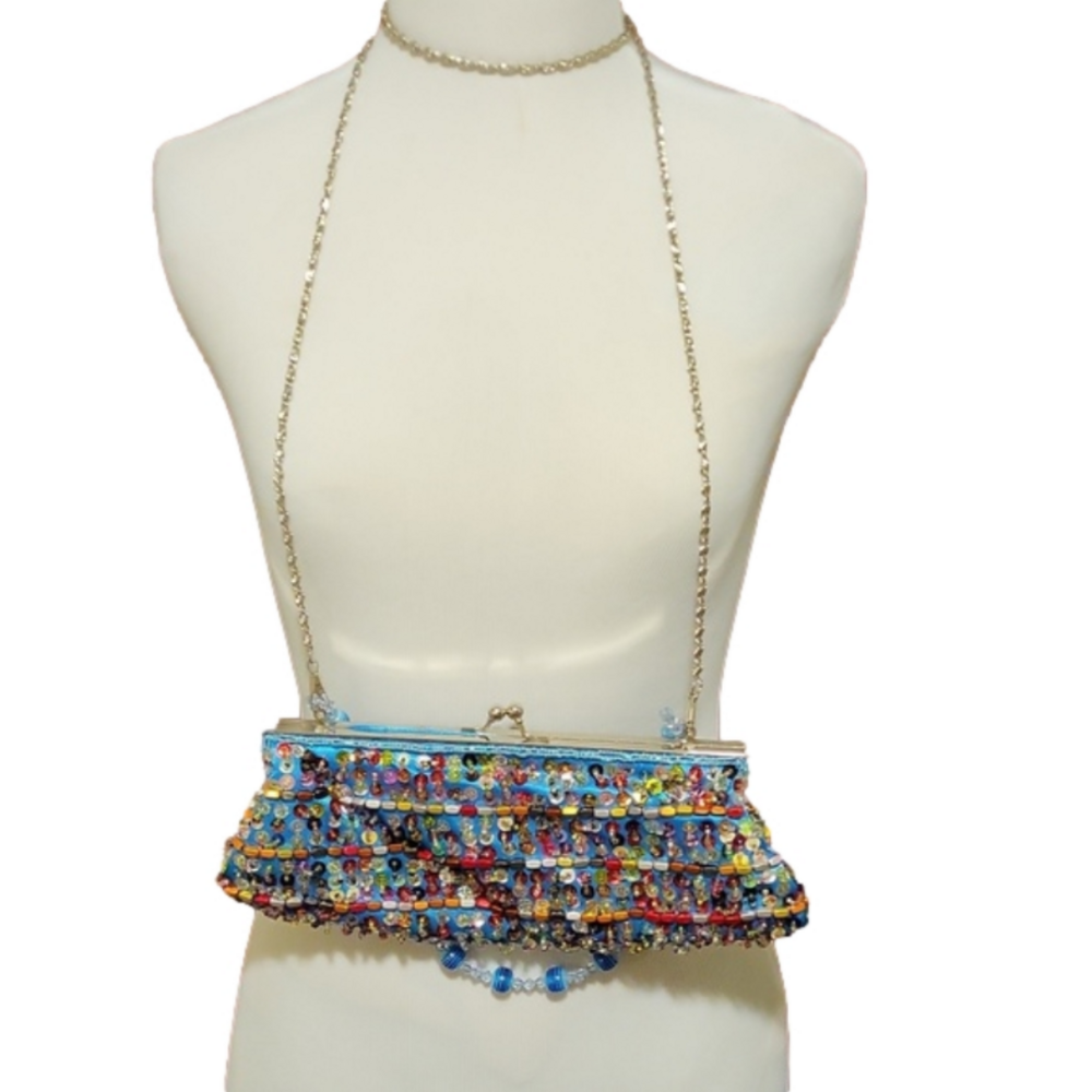 Sequins Blue cross-body purses with beaded handle